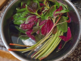 3、苋菜豆腐汤,苋菜先放进清水里浸泡半小时（家有小苏打的可以加进水里噢）