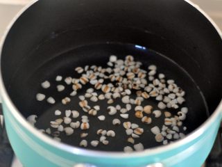 7、纯手工芋圆,将泡过的薏仁放入奶锅中，小火煮至薏米开花。