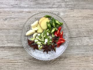 2、红烧啤酒鸡块,青红椒切段、葱花切段、姜3片、蒜切片、八角5个