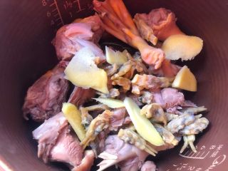 5、海参番鸭汤,番鸭肉焯好以后用冷水冲凉，用夹子清理掉鸭肉上的细毛，清洗干净放入锅里，再放入姜片和蛏干。