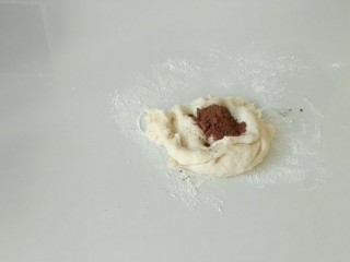 4、花样馒头之愤怒的小鸟,取部分白面团，加入适量可可粉，揉匀备用。