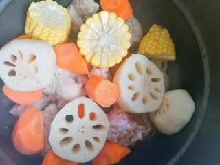 5、莲藕胡萝卜玉米排骨汤 美味营养又健康,锅中放入排骨、莲藕、玉米、胡萝卜、姜片。