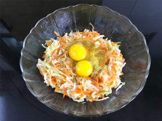 4、萝卜丝饼,加入少许盐和胡椒粉，再打入2个鸡蛋，搅拌均匀。