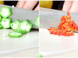 2、秋葵蒸蛋,焯好水的秋葵切片，胡萝卜切碎丁