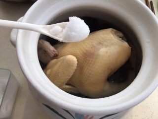 6、清汁鸡汤,放入10克盐。(这小勺两勺)开火大火烧开,转中小火炖煮。