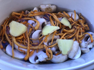 15、鸡腿炖蘑菇,再放上几片姜。