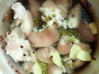 7、海带猪蹄汤,重新加入清水、放入姜片、花椒粒、绿豆