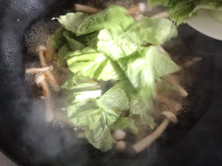 13、白玉菇鸡蛋汤,水开下入小白菜，搅拌均匀盖上盖子继续煮至水开