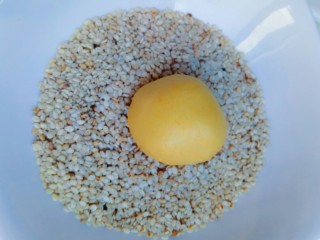 7、黄金南瓜球,南瓜揪小剂子，搓圆，放进芝麻碗中，裹上一层芝麻