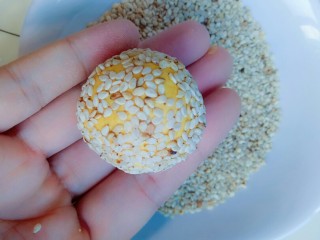 8、黄金南瓜球,裹上芝麻也要在搓圆，巩固芝麻，不易掉落，在炸时没有多余芝麻散落哦！