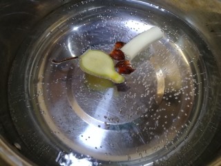 5、排骨冬瓜汤,开水倒入锅里，放入一片生姜，一段葱白，掰碎的大料，大火煮开。