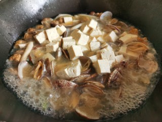 11、花蛤豆腐汤,加入焯水后的豆腐块。