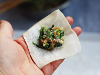 8、猪肉荠菜云吞,如一个云吞皮,两边沾点水,将猪肉荠菜馅放在皮的中间。