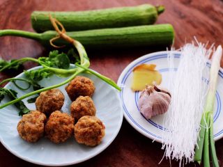 1、丝瓜肉丸粉丝煲,首先备齐所有的食材。