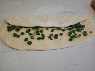 8、#咸味#快速发酵的花卷,面饼向内折三分之一，在翻折的一面再次刷油，