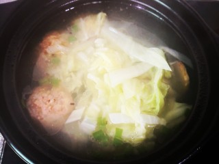 15、白菜丸子汤,时间到开盖放入白菜继续煮至白菜断生