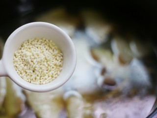 11、超鲜美的鱿鱼炖五花肉汤,加鸡精。搅拌一下。