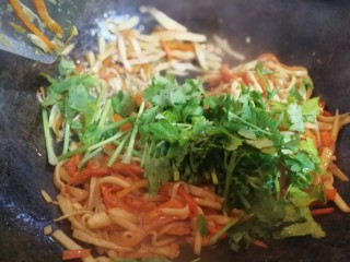 18、多彩素炒杏鲍菇,放入香菜切段放入翻炒几下。