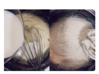 6、软软嫩嫩入口即化的古早蛋糕‼️(抖臀蛋糕⁉️),牛奶倒入冷却好的烫面中,盐也加进去,搅拌均匀(加入牛奶搅拌后面糊不细腻,不用担心,这是正常的)