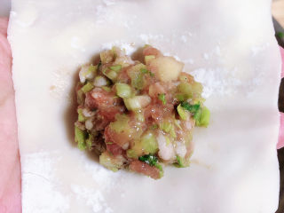 6、酸辣馄饨,将馄饨皮中间放入肉馅，馄饨皮四周抹一圈清水。