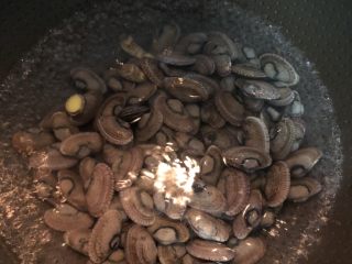 4、彩椒炒花甲,倒入花甲焯水