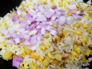 17、杏鲍菇虾仁炒饭,放入小圆葱丁文火炒一分钟。