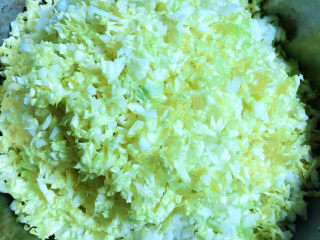 2、猪肉白菜水饺,将白菜切碎放入盆中。