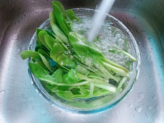 3、猪油拌面,青菜加一点点盐，放入清水里清洗干净。
