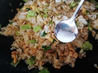 14、青菜炒饭,加半小勺盐中小火炒匀增味，再洒上点葱花即可。