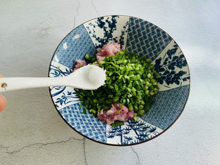 5、韭菜锅贴,韭菜、猪肉末放入大碗中加入适量盐