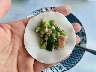 13、韭菜锅贴,放入韭菜猪肉馅