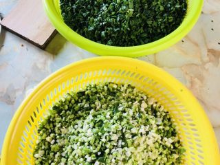 19、客家小吃：蒜苗粿（葫粄）➕菜头粄,蒜苗分成蒜茎和蒜叶，前天晚上择好洗净，放在通风处晾干水分。第二天下午，将蒜切成末