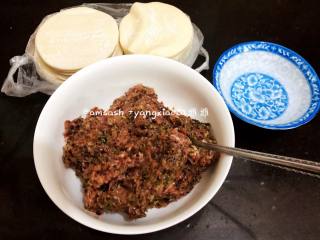 5、三鲜柳叶饺子,把肉馅倒出来，准备饺子皮，和少许水，水是准备抹饺子皮用的