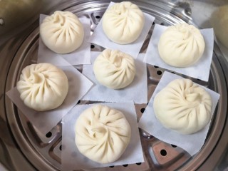 16、青菜油渣包,蒸锅内放水，篦子上铺上油纸，放上做好的包子生胚，盖上锅盖二次发酵10分钟左右，凉水上锅，上汽后大火蒸12分钟关火，焖5分钟左右出锅。