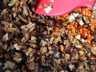 11、馄饨皮烧麦馅煎饼,放胡萝卜，香菇，翻炒。