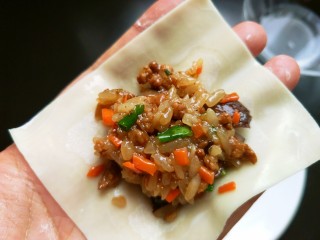 17、馄饨皮烧麦馅煎饼,取一张馄饨皮，放烧麦馅。