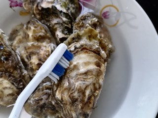 4、蒜蓉粉丝蒸生蚝,用牙刷将生蚝壳刷干净