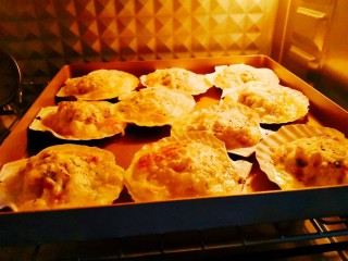 10、芝士焗扇贝,放入提前预热好上下火200度的烤箱中层，烤12～15分钟，至芝士融化微黄即可，扇贝烤太久肉会老哦