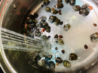 6、爆炒田螺肉,煮5分钟，然后倒掉水，用冷水冲洗；