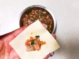15、宝宝健康食谱  小金鱼虾仁猪肉抄手,取一片抄手皮，加入1勺虾仁猪肉馅