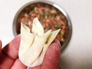 17、宝宝健康食谱  小金鱼虾仁猪肉抄手,把两个角往后推，然后捏紧