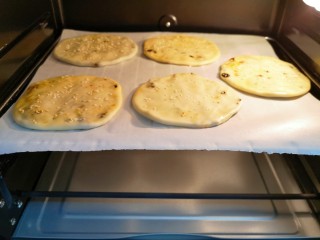 9、梅干菜烧饼,烤网上铺上油纸，放上做好的烧饼生胚，送入预热好的烤箱，上下管200度烤20分钟。 