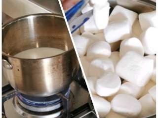 1、牛奶布丁（棉花糖版）,牛奶中小火煮，看见边上开始冒小泡，把棉花糖倒进去。