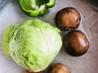 2、卷心菜炒粉丝,胡萝卜去皮,青椒去蒂,包菜剥去老叶,小葱葱去根去黄叶,各种蔬菜清洗干净。小葱忘记拍进去了