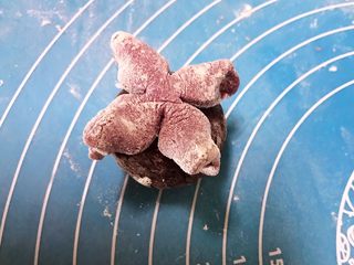 28、花样豆沙包,把做好的花瓣放到可可豆沙包上即可