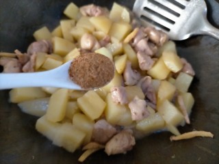 13、鸡腿炖土豆,翻炒均匀后加炒菜香调料