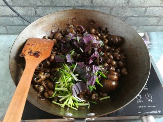 13、紫苏炒田螺,剩一点汤汁,可以尝一下味道,根据个人口味灵活调整,味道合适的话就加入紫苏和葱花