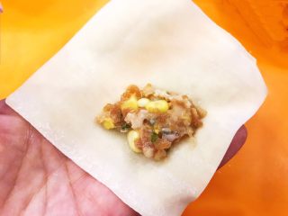 10、猪肉甜玉米馅抄手,取一片面皮，加入1小勺猪肉甜玉米馅料