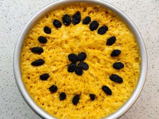 7、南瓜发糕,发酵好之后，上面摆上洗干净的葡萄干。