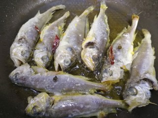 13、香辣小黄鱼,刚放入小黄鱼，不要急着翻面，煎到底部金黄。